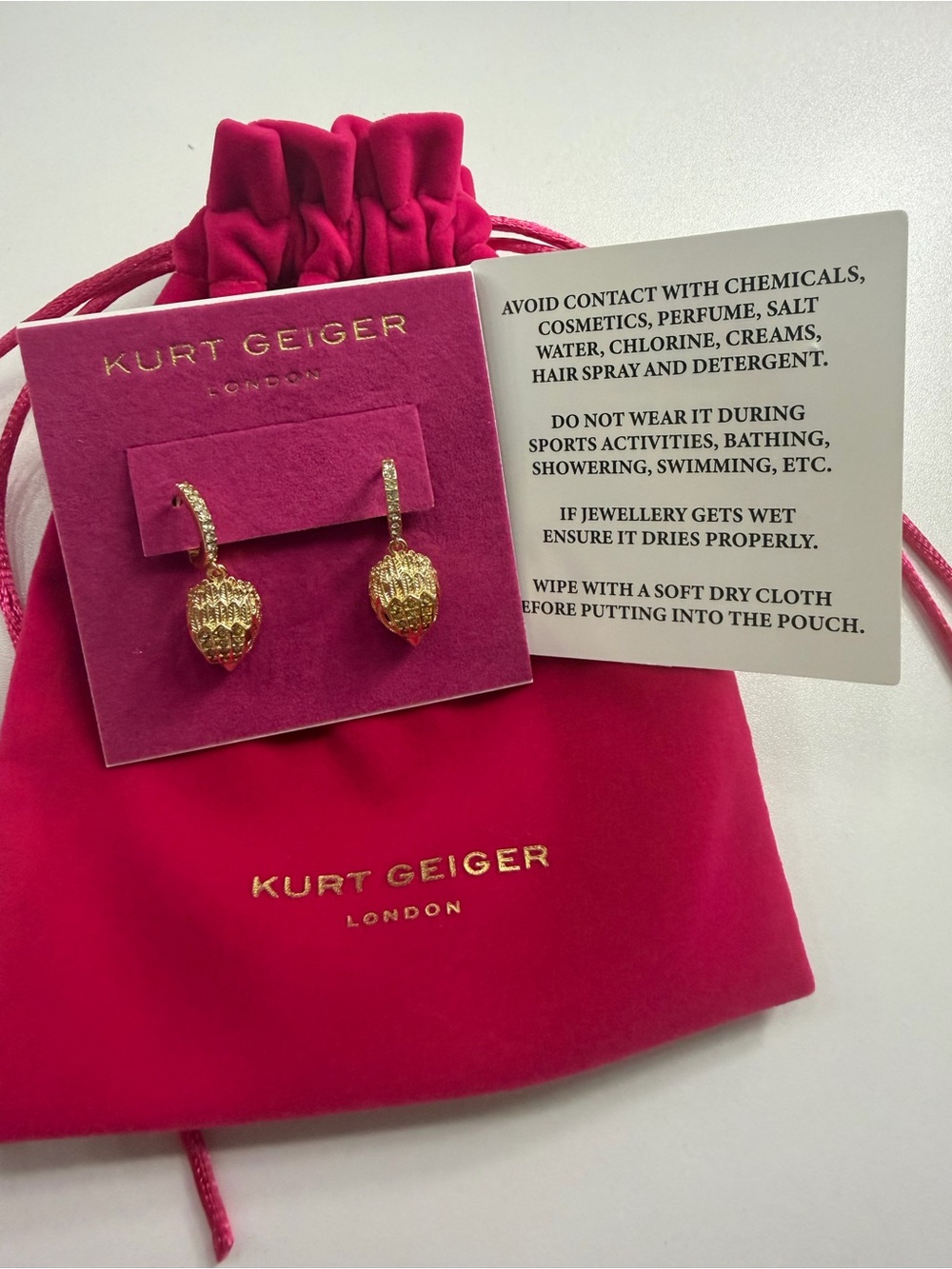 Kurt Geiger Gold Hedgehog Drop Earrings with Fuchsia Pouch - Picture 2 of 3